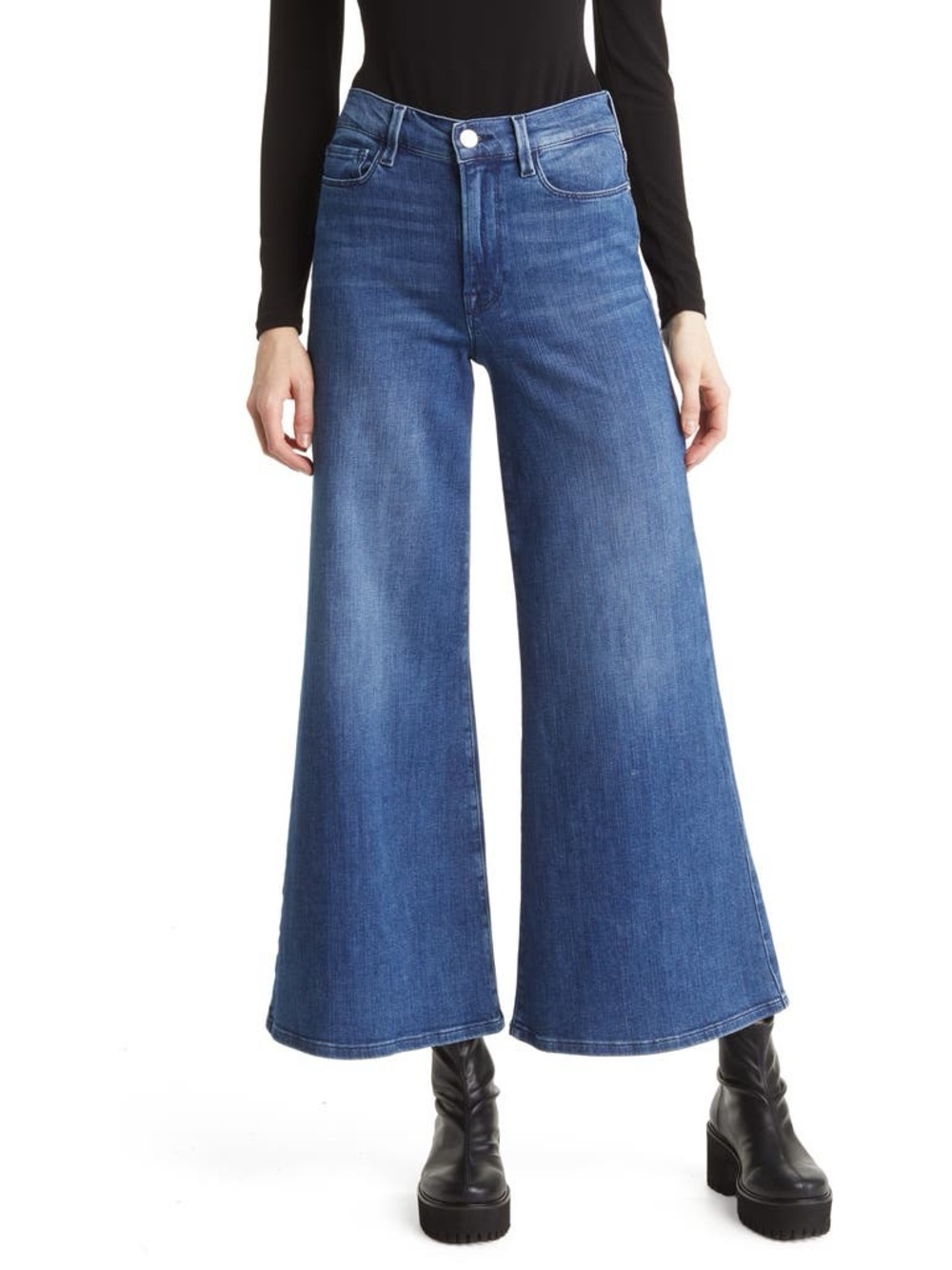 Wide-Leg High-Rise Frame Palazzo Crop Women’s Jeans in Medium Blue